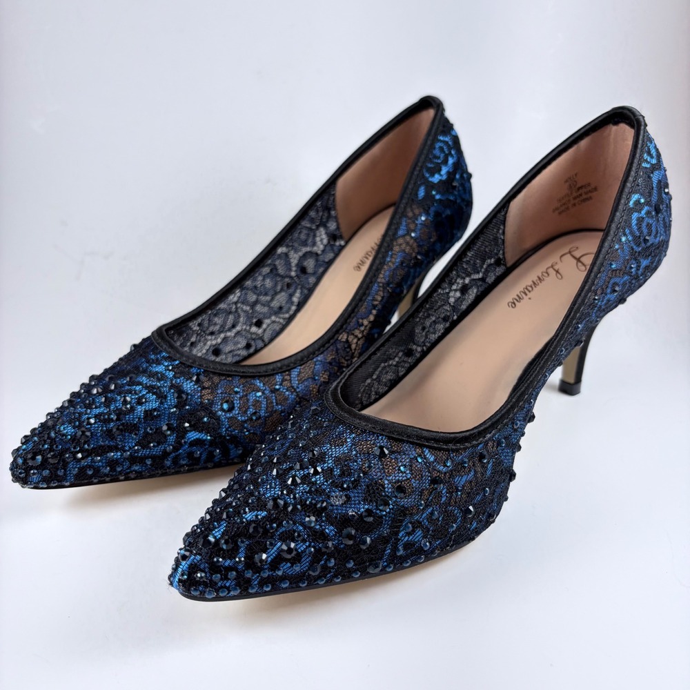 Women's Navy Blue Black Sequined Lace Heels Rhinestone Pointed Toe Pumps 8.5